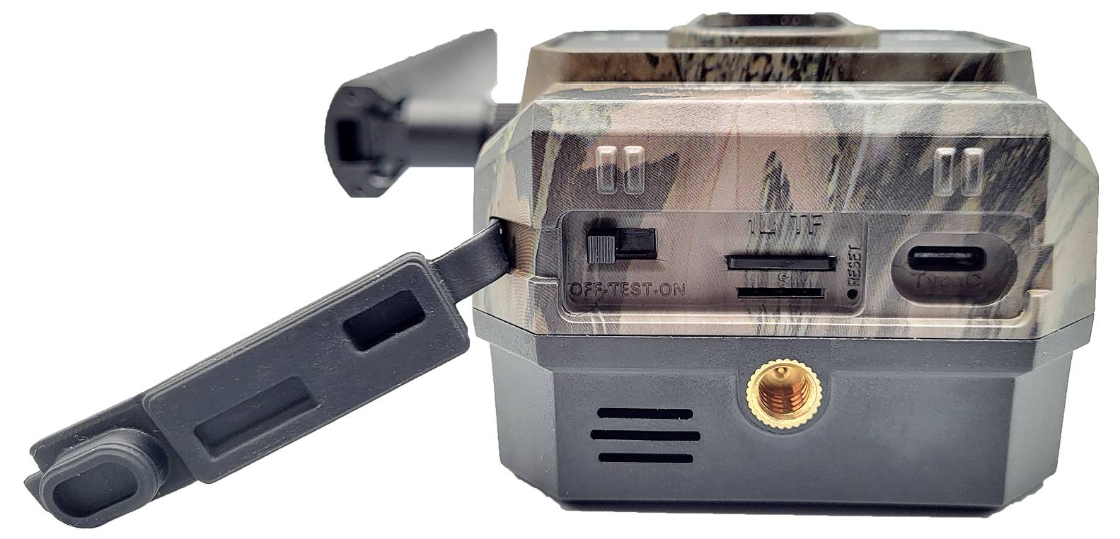 Elektrische Maschine mit Tarnanstrich, ausgestattet mit einem beweglichen Seitenarm und vorderen Bedieneröffnungen, gezeigt vor einem einfachen weißen Hintergrund.