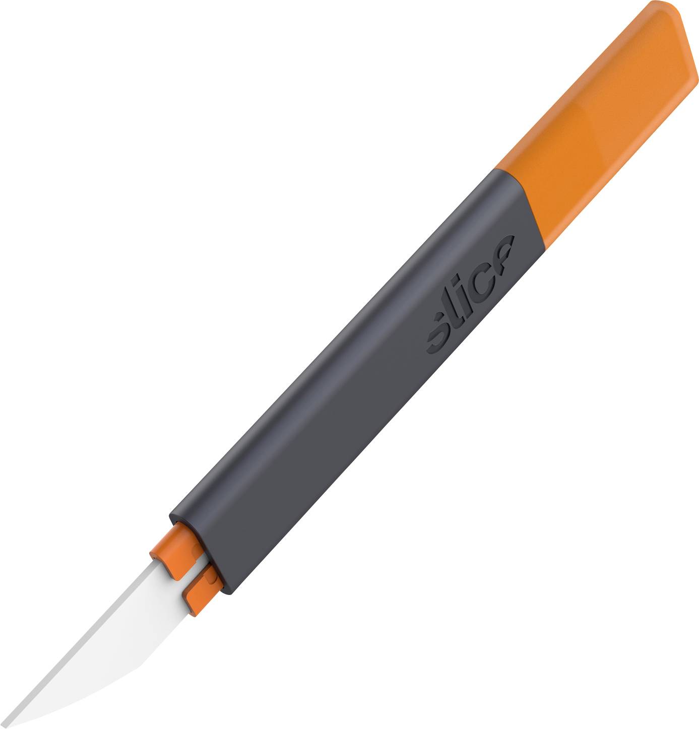 Oranger und grauer Universalschneider mit einziehbarer Klinge auf weißem Hintergrund, diagonal angewinkelt.
