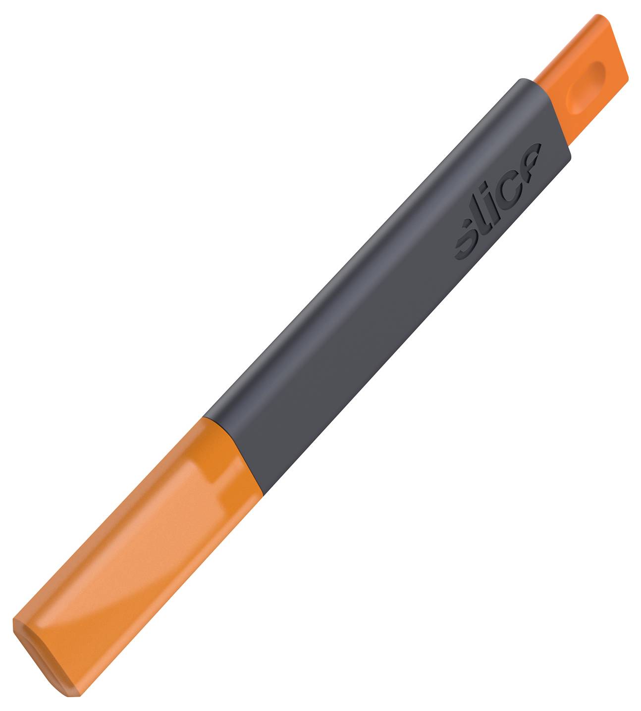 Oranges und dunkelgraues Universalmesser mit einziehbarer Klinge, diagonal auf weißem Hintergrund dargestellt.