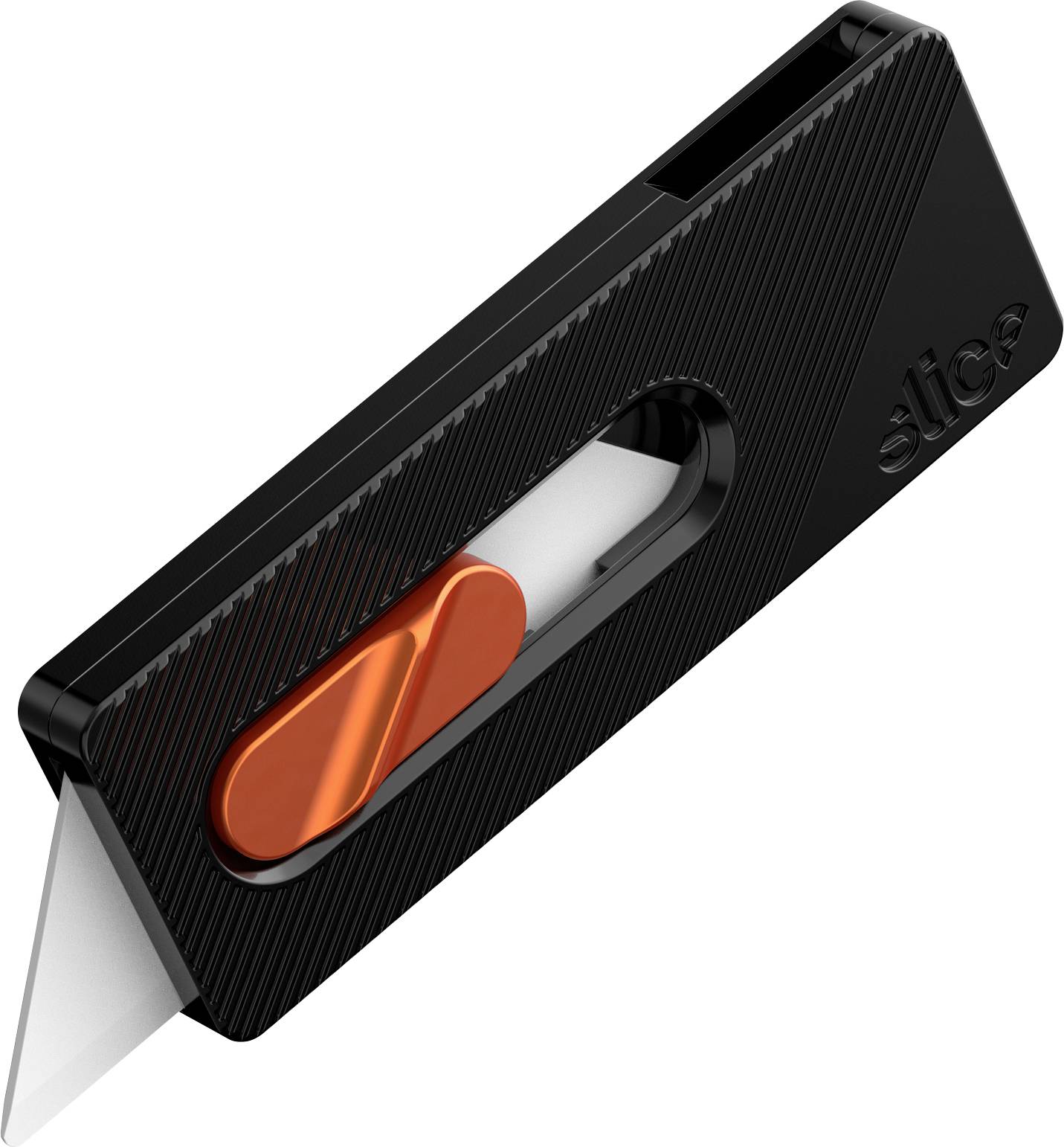 Schwarzes Universalmesser mit orangefarbenem Schieber und freiliegender silberner Klinge auf weißem Hintergrund