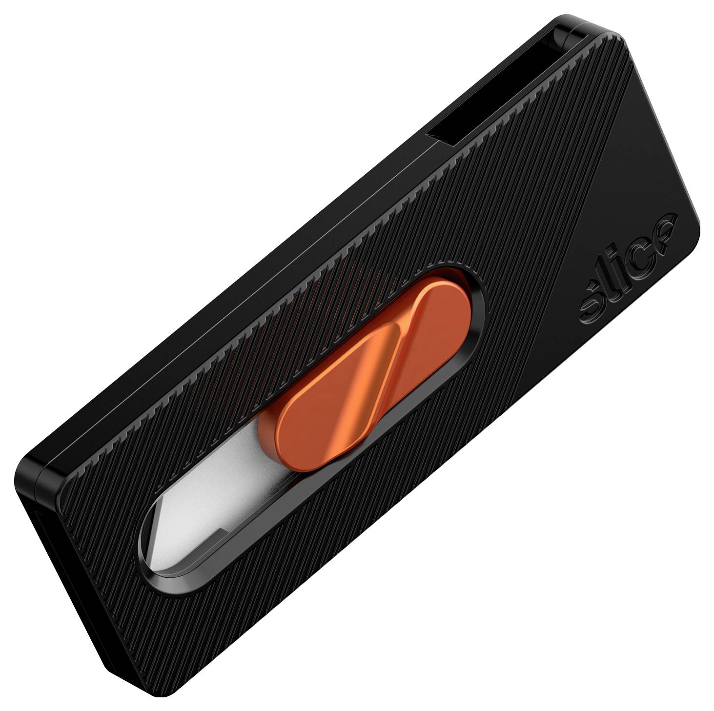 Schwarzes SliCz-Gerät mit einem orange schiebenden Knopf und einem Schlitz, gezeigt auf weißem Hintergrund.