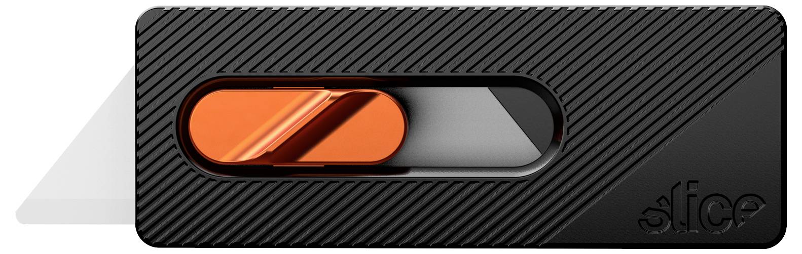 Schwarzes rechteckiges Gerät mit einem orangefarbenen Schiebeschalter in einer vertieften Nut, mit diagonalen Rillen und dem Wort „sleee" unten rechts eingeprägt.