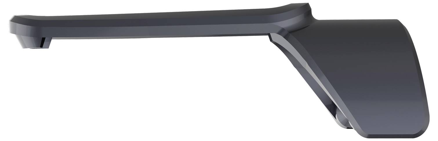 Seitenansicht einer dunkelgrauen ergonomischen Computermaus, die ihr flaches Profil und die Handballenauflage auf der rechten Seite zeigt.