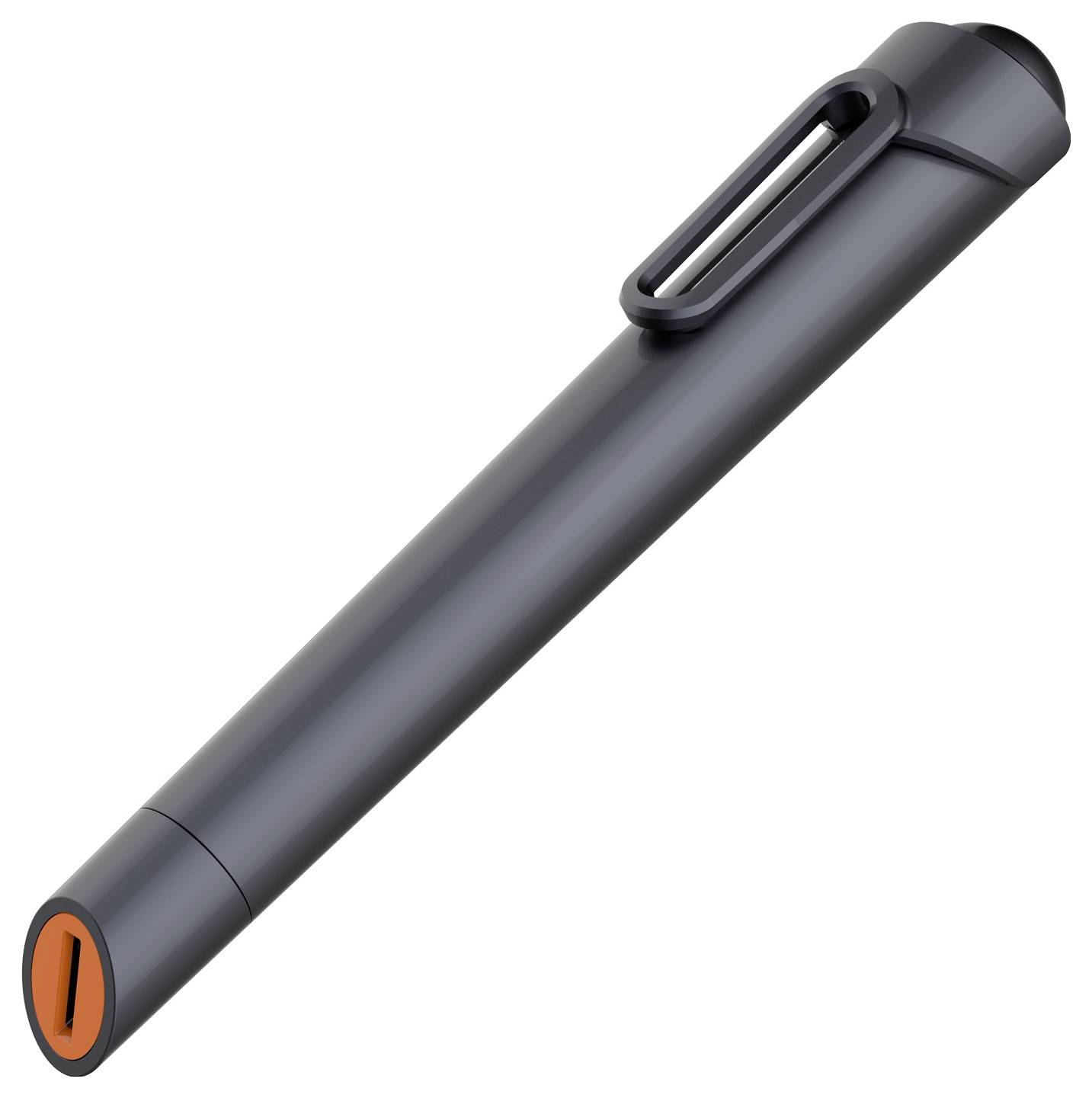 Schwarzer stiftähnlicher Eingabestift mit orangefarbiger Spitze und Clip, diagonal auf weißem Hintergrund dargestellt.
