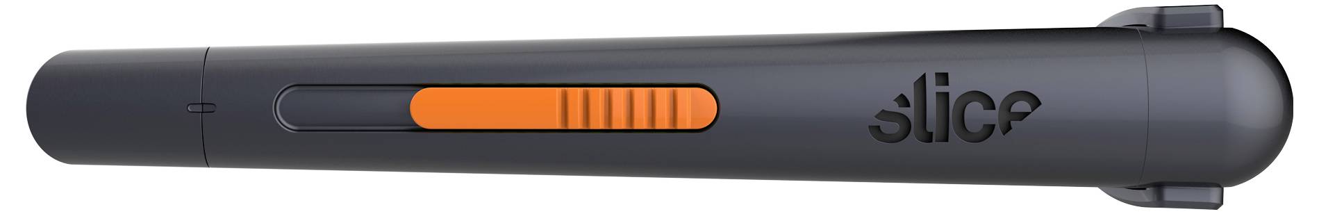 Ein dunkelgrau gefärbtes Slice-Mehrzweckmesser mit einer orange gleitenden Klingensteuerung und dem Wort "Slice" auf dem Griff gedruckt.