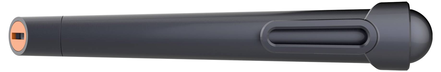 Schwarzer Stift mit abgerundeter Kappe und orangefarbener Akzentuierung an der Spitze und am Ende, gezeigt auf weißem Hintergrund.