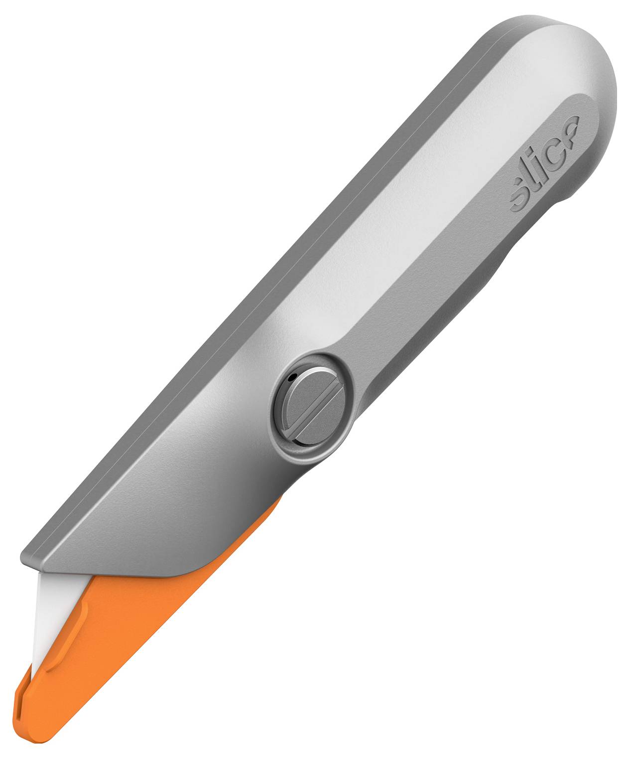 Ein grau-orangenes Universalmesser mit einziehbarer Klinge, diagonal auf weißem Hintergrund dargestellt.