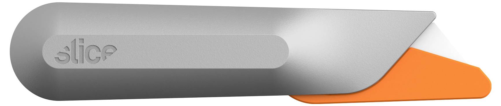 Silbernes und orangefarbenes einziehbares Universalmesser mit dem Wort "Slice" auf dem Griff geprägt.