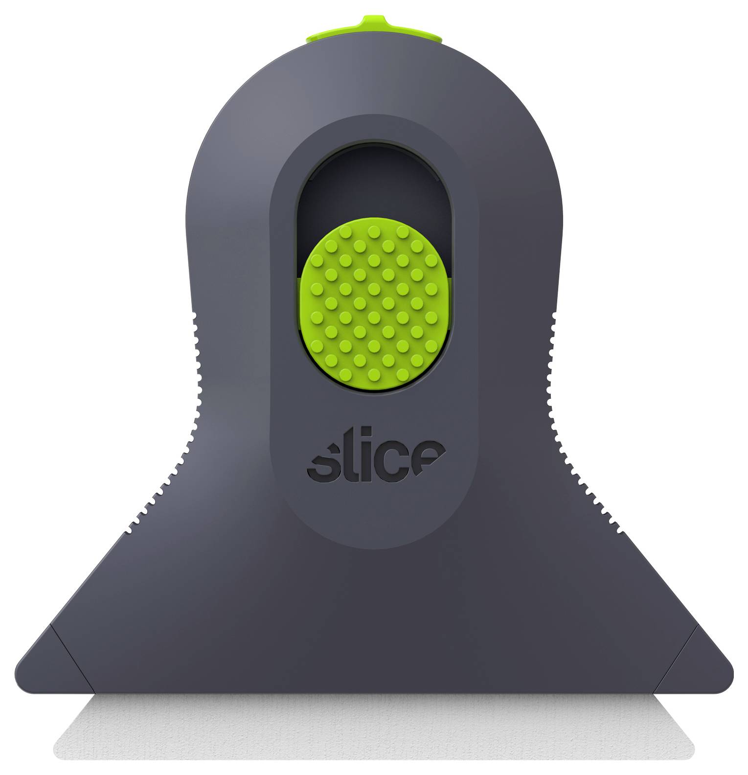 Tragbares Kratzer-Werkzeug in Grau und Limonengrün mit strukturierter grüner Taste und "Slice"-Logo auf der Vorderseite.