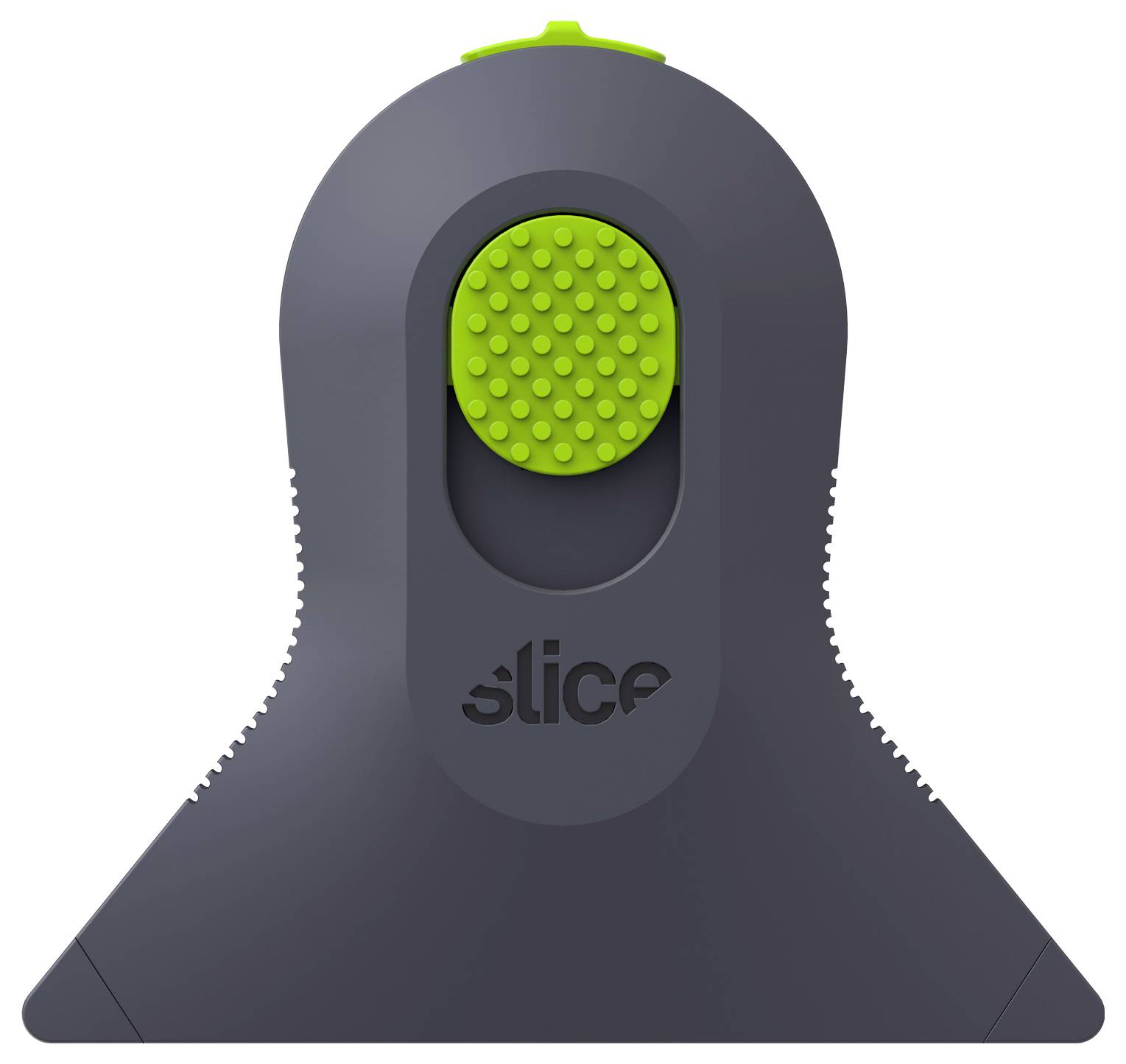 Dunkelgrauer Slice-Kastenöffner mit einem leuchtend grünen strukturierten Rundregler und „Slice"-Logo auf der Vorderseite.