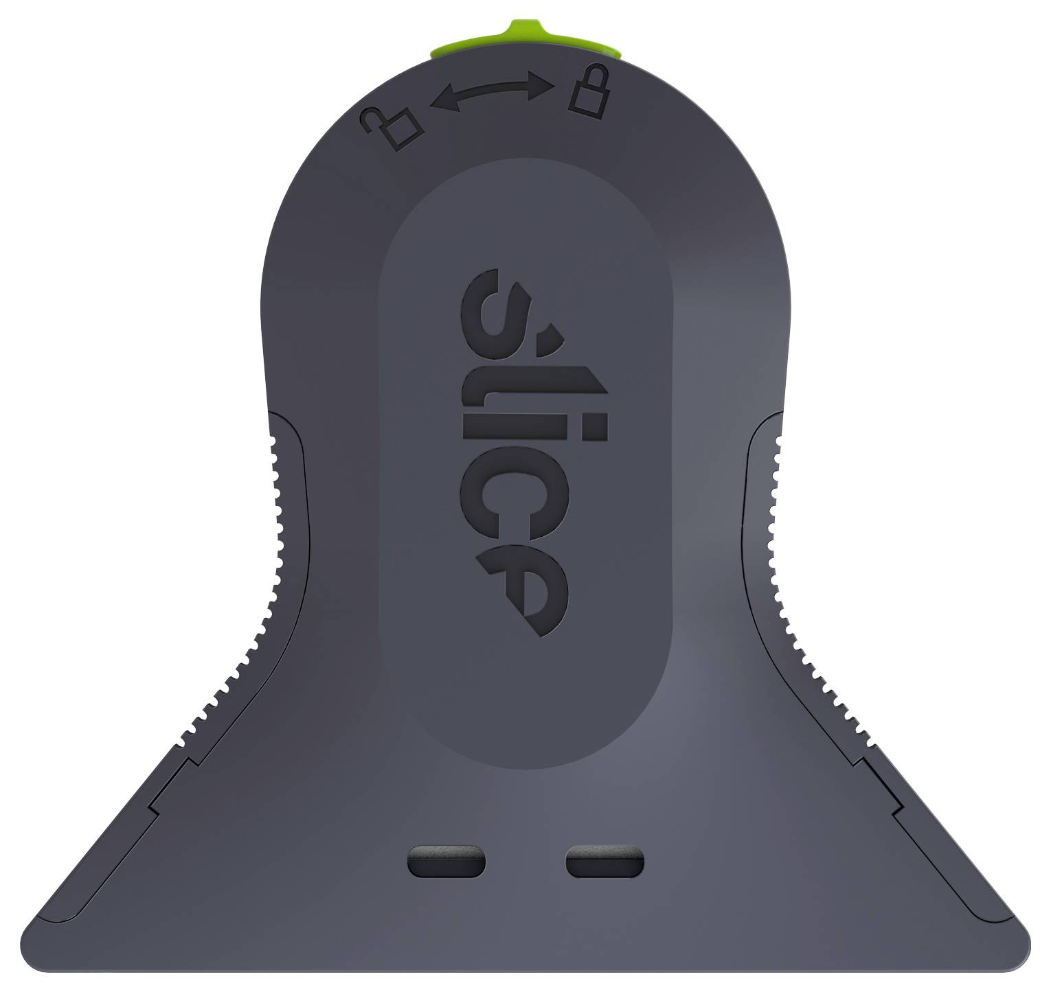Dunkelgraue USB-C-Dockingstation mit grünem oberen Akzent, seitlichen Griffkanten und „sliCC"-Branding auf der Vorderseite.