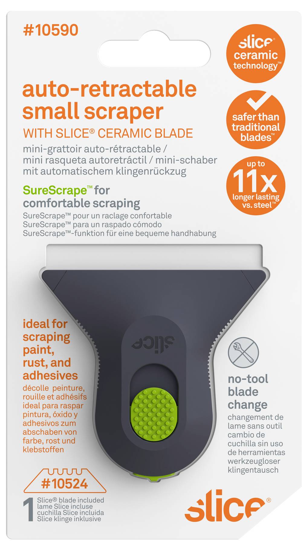 Verpackung für Slice Auto-Einzieh-Kleinschaber mit Keramikklinge, mit Funktionen wie werkzeugloses Klingenwechsel, 11-mal längere Lebensdauer und sicheres Slice-Design.