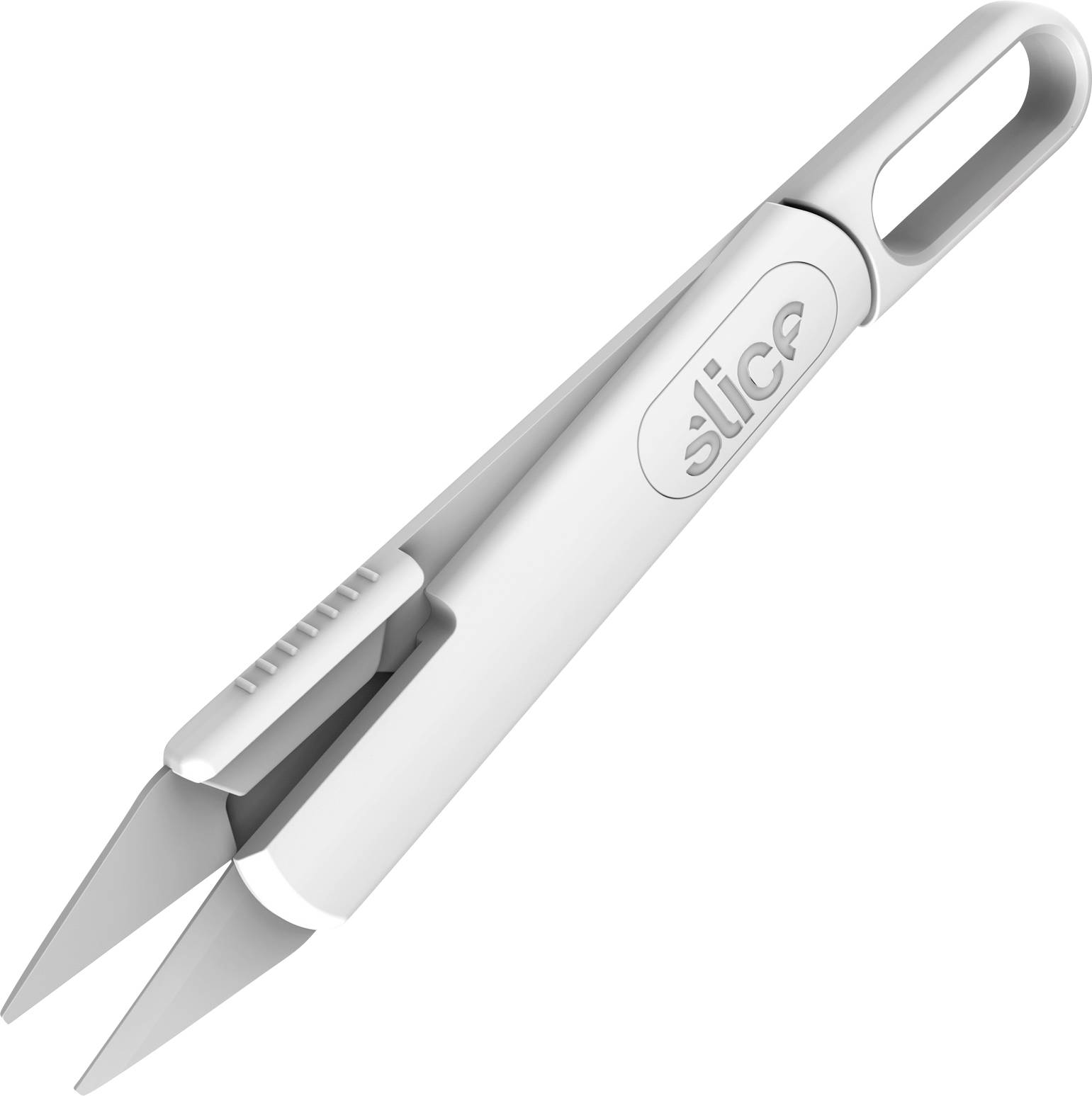 Silberne tragbare Küchenkräuterschere mit zwei parallelen Klingen und einem Fingerösengriff, gezeigt auf weißem Hintergrund.
