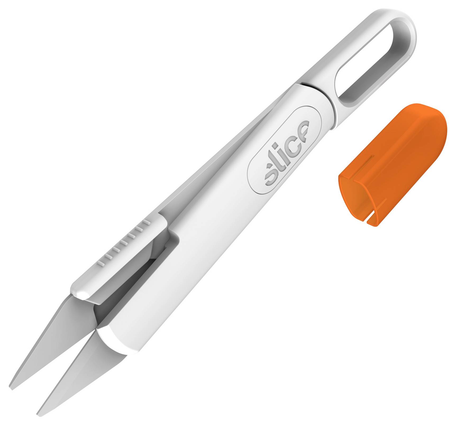 Silver Slice Papierschneider mit entfernter orangefarbener Schutzkappe der Klinge, zeigt die spitzen Schneideklingen und den ergonomischen Griff.