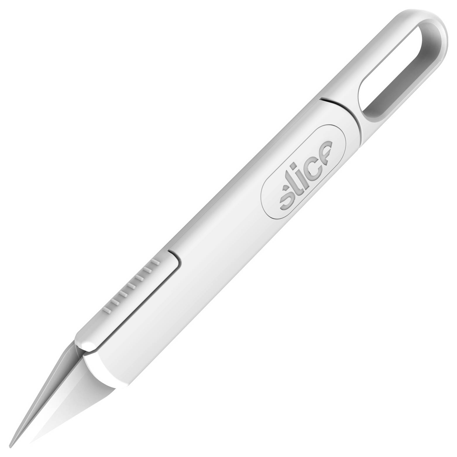 Weißer ergonomischer Bleistiftspitzer mit „Slice"-Logo, auf einfachem weißem Hintergrund dargestellt.