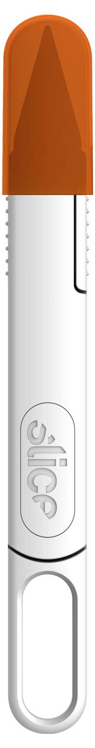 Nahaufnahme eines weißen USB-Sticks mit orangefarbener Kappe und eingraviertem "SLICE"-Logo.