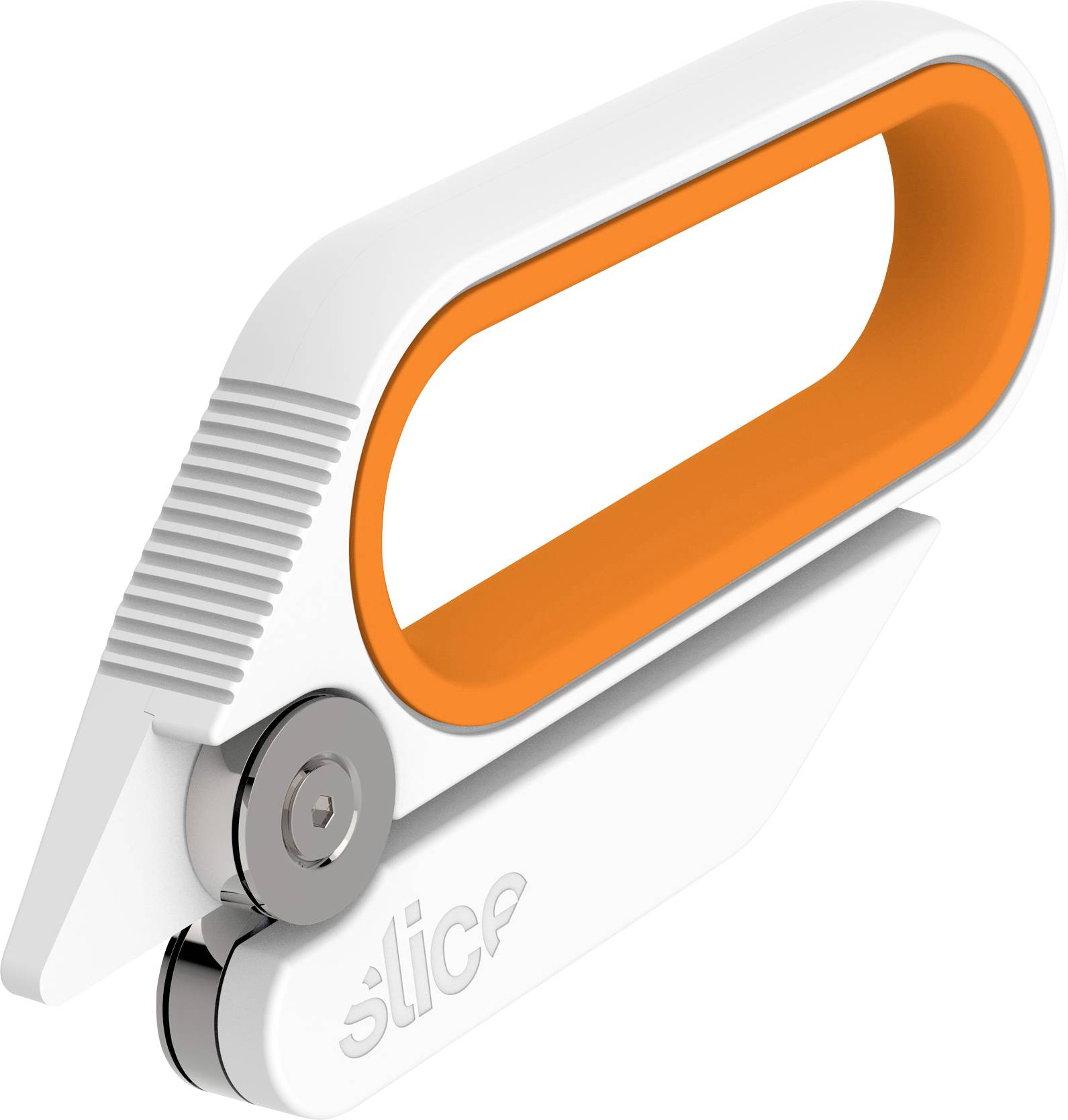 Weiß-oranges Universalmesser mit ausgefahrener Klinge, shown in Seitenansicht auf neutralem Hintergrund.