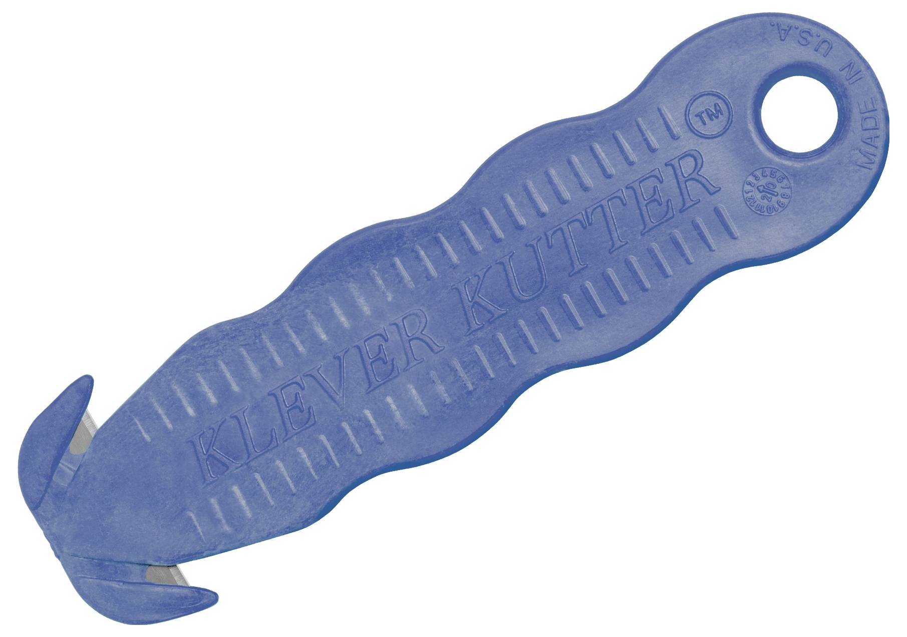 Blue Kleyer Kutter plastic utility cutter with a hanging hole and hooked blade tip, shown on a white background.