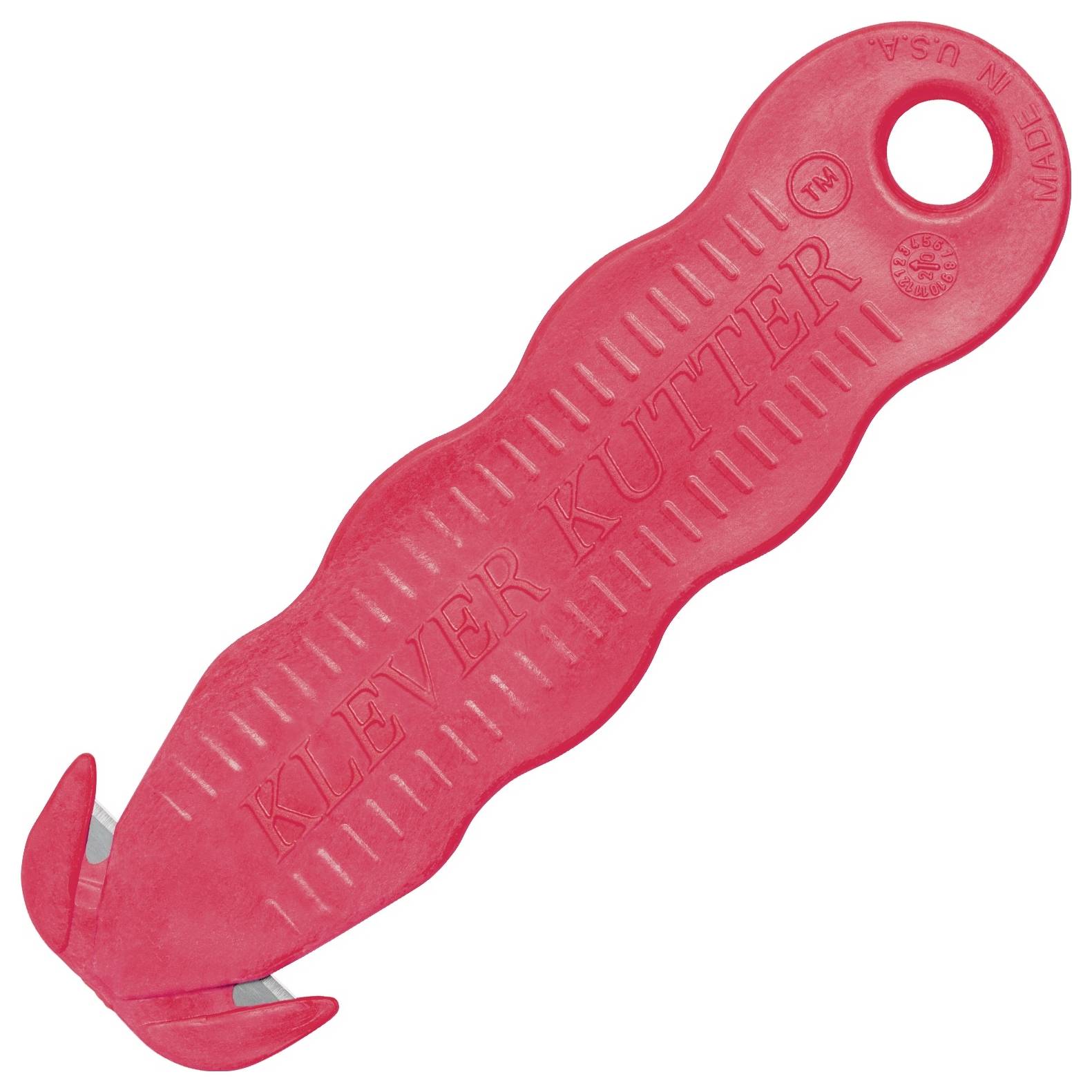 Red Klever Kutter safety cutter with a finger hole and guarded blade, shown on a white background.