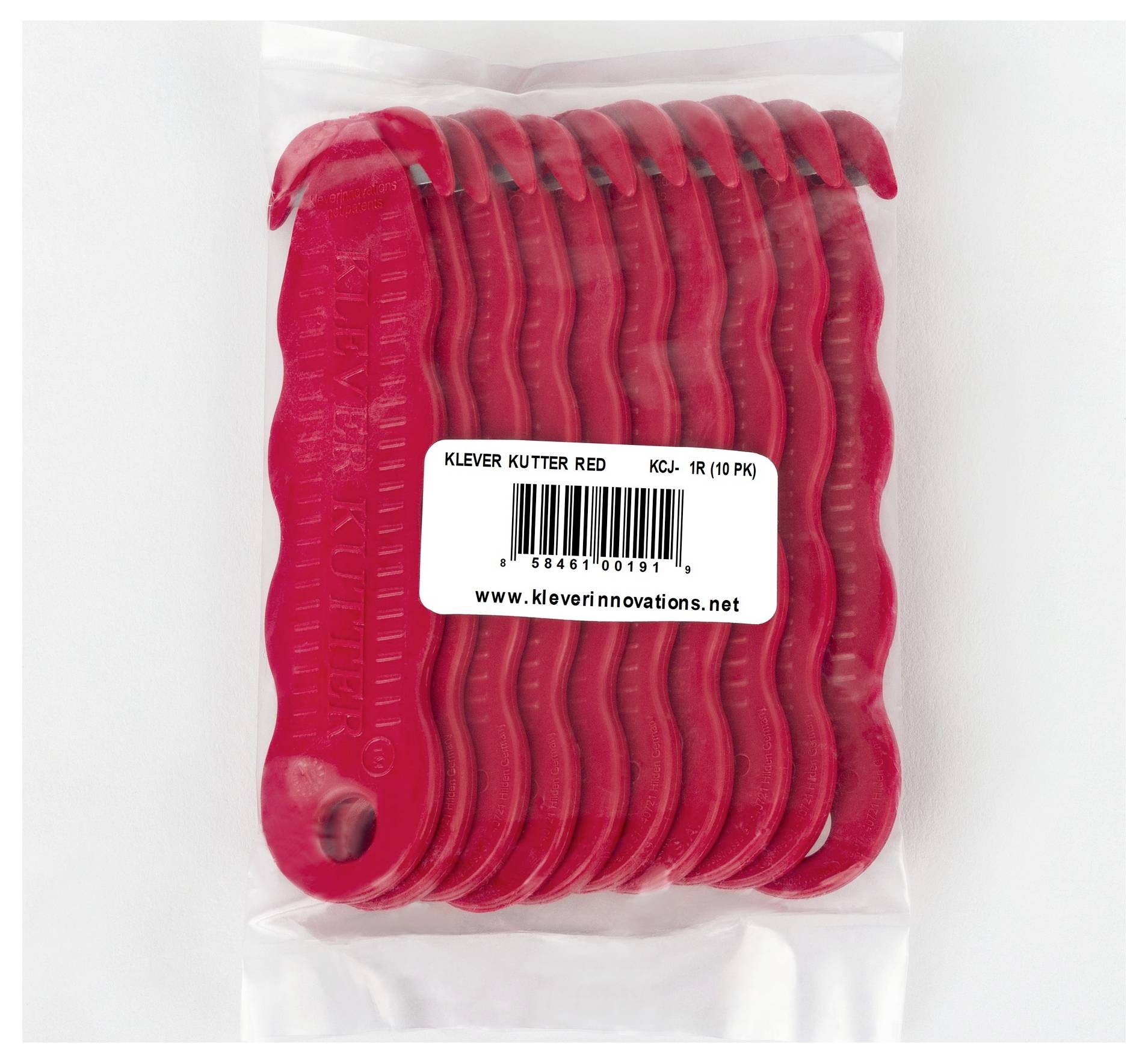 Pack of red plastic cutting tools labeled 'KLEVER KUTTER RED' in clear packaging.
