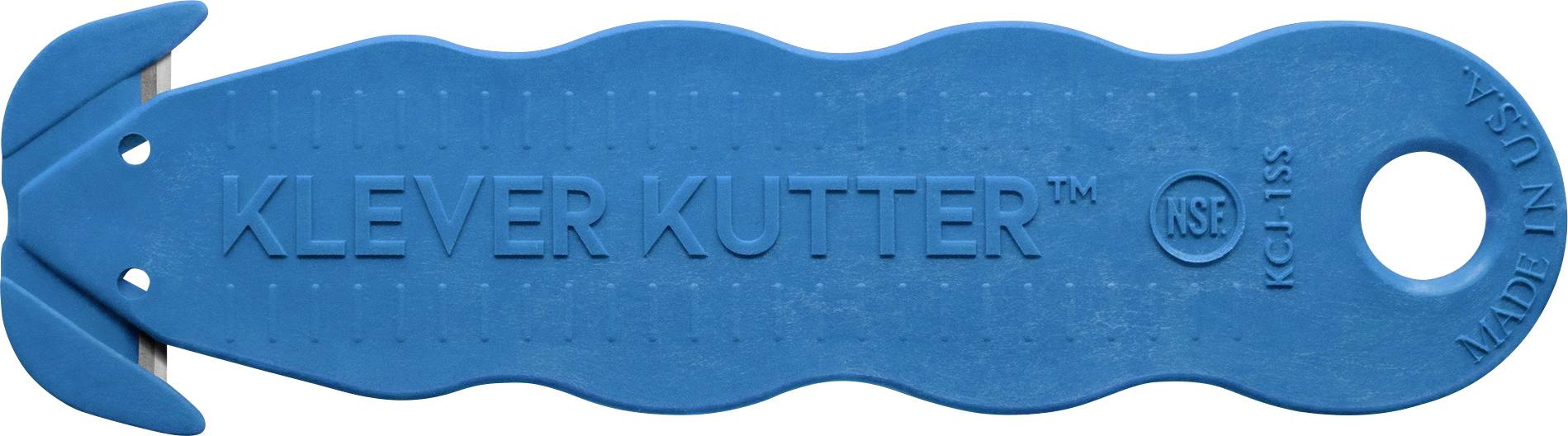 Blauer KLEVER KUTTER Sicherheitschneidewerkzeug mit gebogenem Griff, strukturiertem Daumengriff und Aufhängeloch auf der rechten Seite.