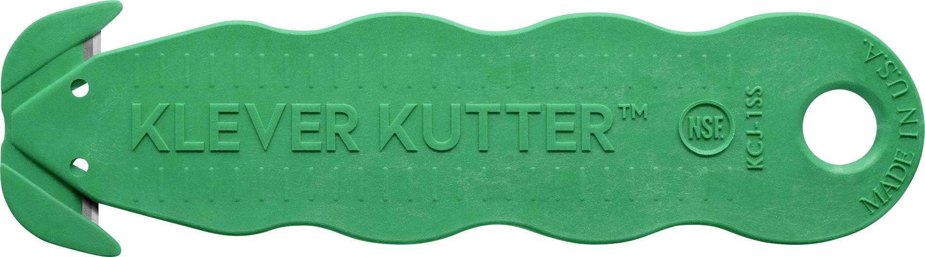 Grünes KLEVER KUTTER Sicherheitsschneidewerkzeug mit strukturiertem Griff, Aufhängeloch und Klingenöffnung.