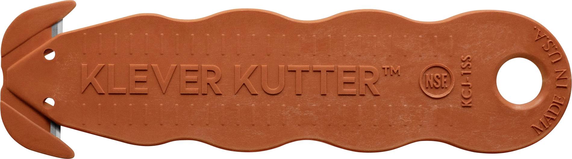Orange KLEVER KUTTER Sicherheitsschneider mit gezahntem Handgriff, großer Fingerloch und spitzer Klingenabdeckung oder Schneidende.
