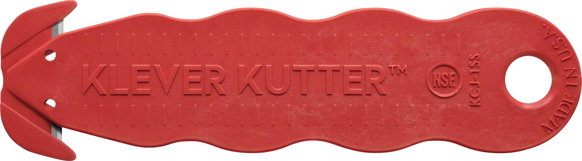 Roter Kunststoff KLEVER KUTTER Sicherheitsmesser mit gewelltem Griff, Lochaufhängung und großer runder Schneidöffnung.