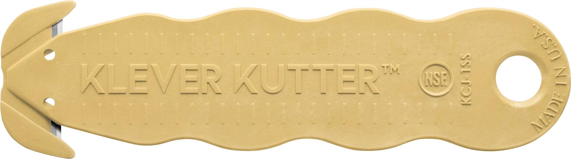 Goldener Kunststoff-Klever-Kutter-Sicherheitschneidewerkzeug mit großem Fingerloch und geprägtem Markennamen.