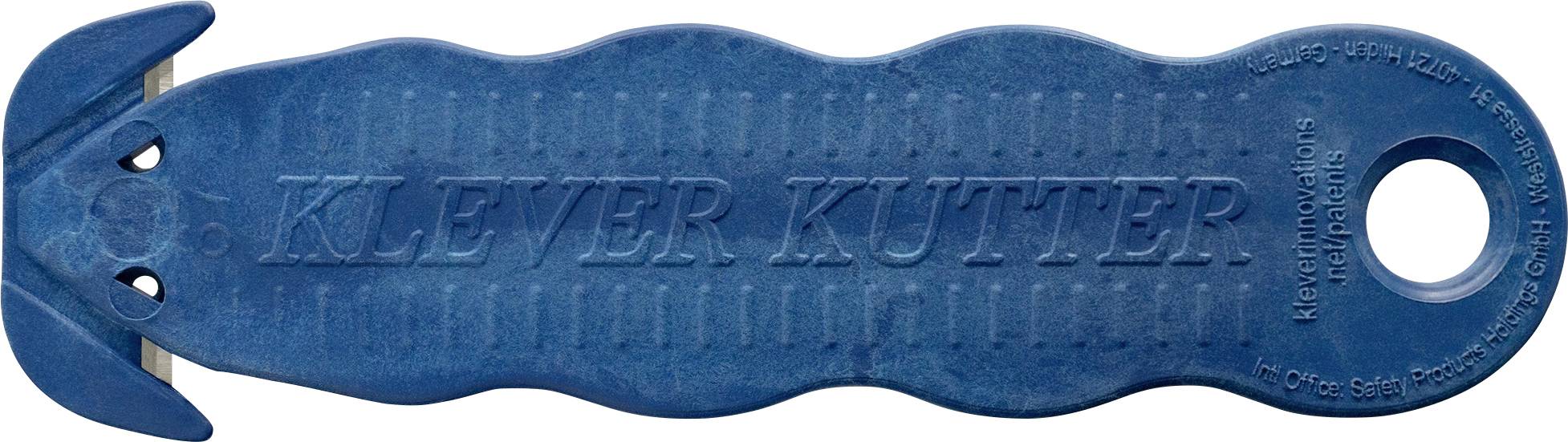 Blue Klever Kutter Sicherheitsschneidemesser mit großem Fingerloch und gebogenem Blatt, gezeigt auf weißem Hintergrund.