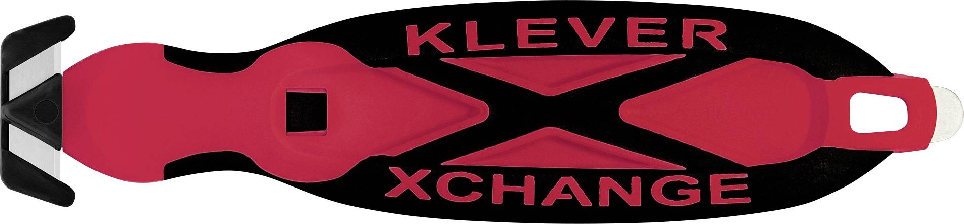 Rot-schwarzer Gewebegurt mit der Bezeichnung KLEVER XCHANGE, mit einer Schlaufengriff und verstellbarem Schnallenverschluss, wahrscheinlich ein Sicherheits- oder Rückhaltezubehör.