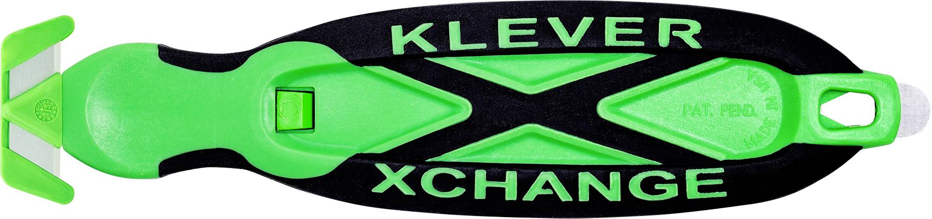 Grünes und schwarzes KLEVER XCHANGE Handwerkzeug mit langem Hebel, in Seitenansicht auf weißem Hintergrund dargestellt.