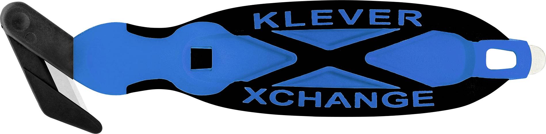 Blaues und schwarzes Klever Xchange Handwerkzeug mit einem schwarzen Hebel mit Haken auf der linken Seite und zwei blauen Griffen über der Mitte.