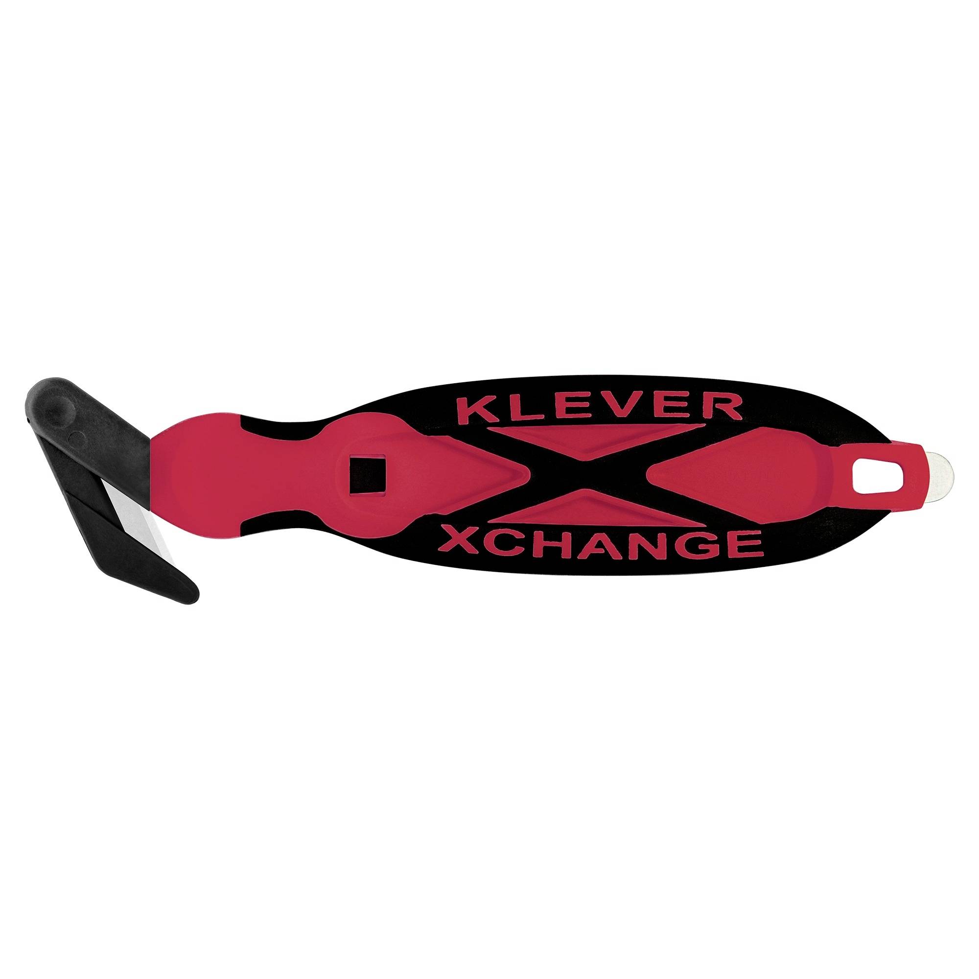 Schwarz-rotes Klever Xchange Handwerkzeug mit ausklappbarem Hebel und verriegelbarer Endklammer, dargestellt auf weißem Hintergrund.
