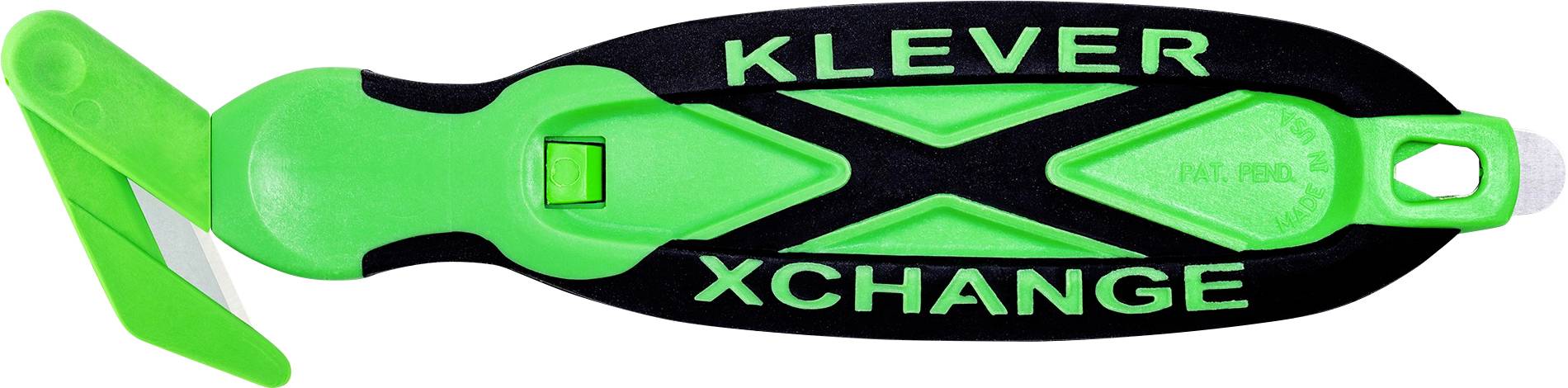 Grünes und schwarzes KLEVER XCHANGE Universalmesser mit Klappklinge und Schlüssellochöse, in Seitenansicht gezeigt.