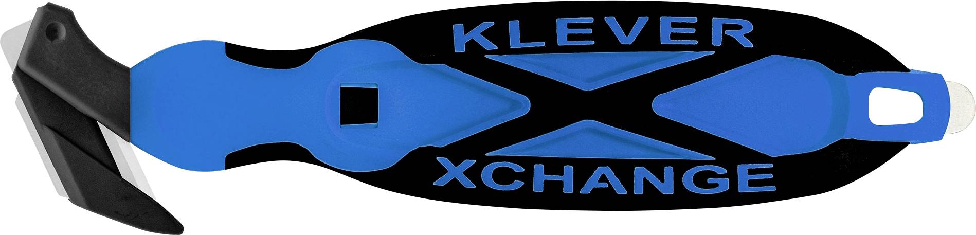 Klever Xchange Mehrzweckmesser mit schwarzem und blauem Griff und freiliegender schwarzer Klinge, shown auf weißem Hintergrund.