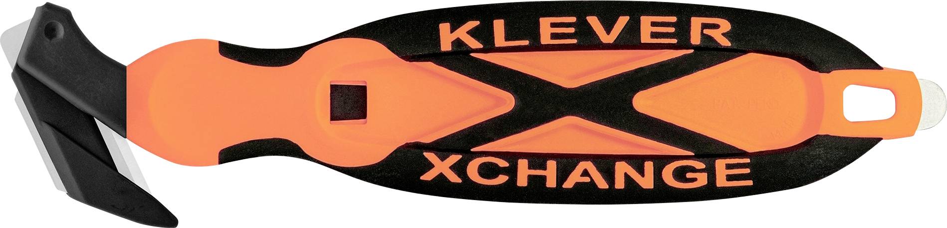 Schwarzes und orangefarbenes KLEVER XCHANGE-Werkzeug mit großem orangefarbenem Griff und schwarzem Griffkopf, gezeigt in Seitenansicht auf weißem Hintergrund.