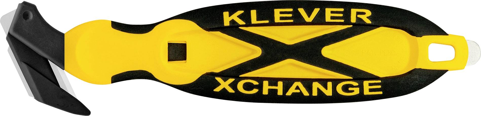 Gelb-schwarzes KLEVER XCHANGE Universalmesser mit schwarzem Schutzvorrichtung für die Klinge und Schlaufe zum Aufhängen, gezeigt in Seitenansicht.