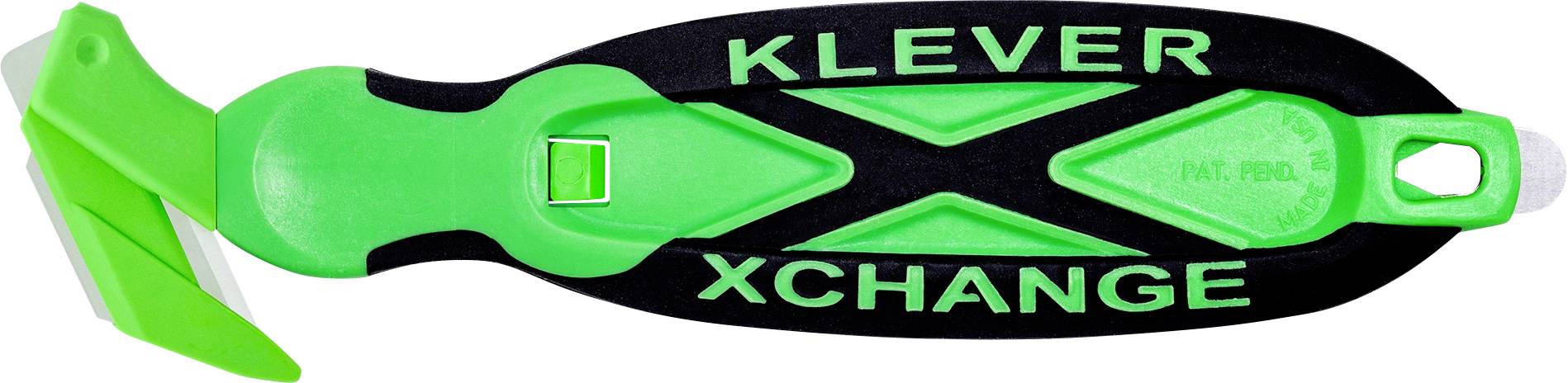 Schwarzer und grüner KLEVER XCHANGE manueller Schärfer mit gekrümmtem Handschutz und großem schräggstelltem Klingenbreich.