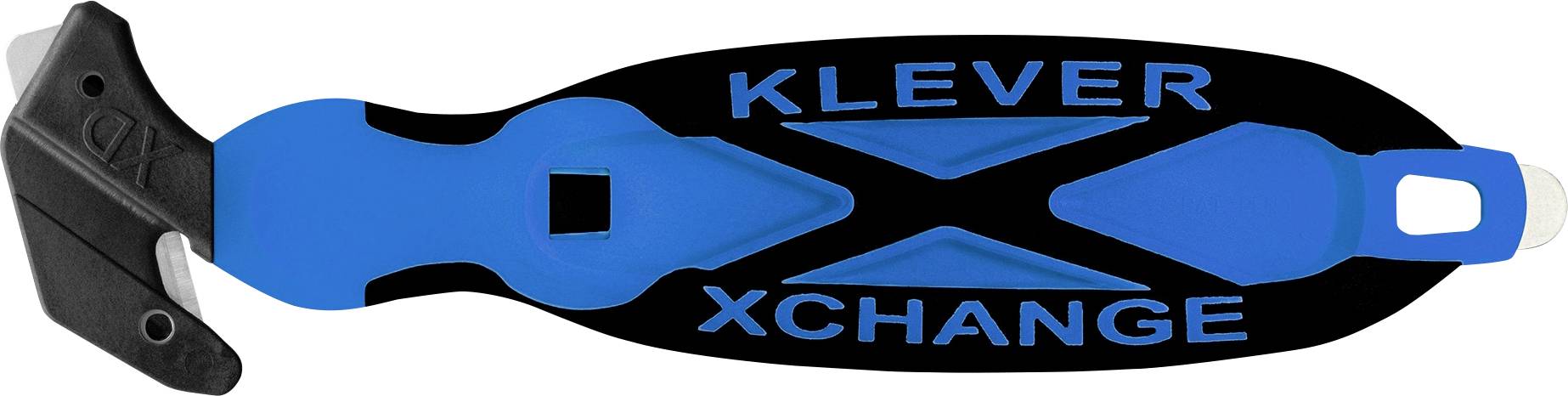 Blau-schwarzer KLEVER XCHANGE Sicherheitsmesser mit schwarz gebogenem Klingenschutz und weißer Endkappe, dargestellt auf weißem Hintergrund.