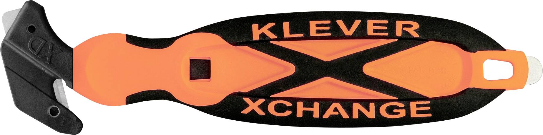 Orange und schwarzes KLEVER XCHANGE Handwerkzeug oder Schneidewerkzeug mit gekrümmtem schwarzem Griff und Aufhängeschlitz am rechten Ende