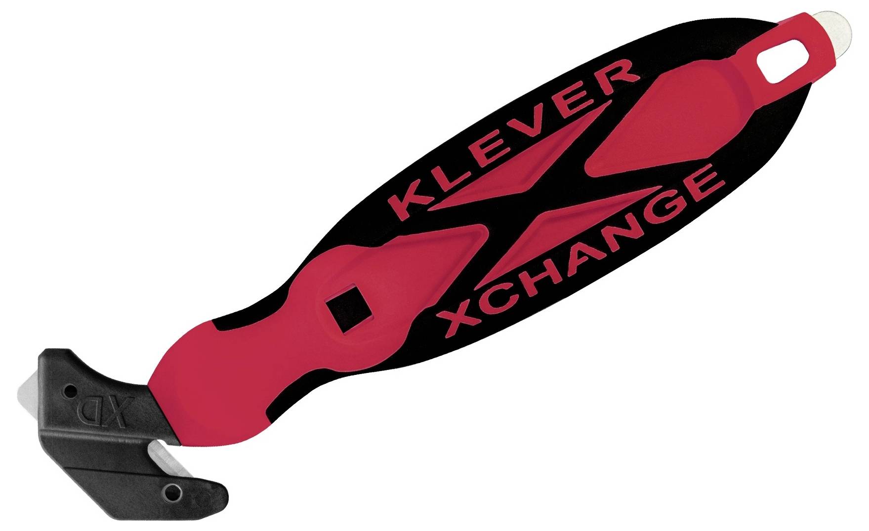 Red and black Klever XChange utility knife with blade guard, shown on a white background.