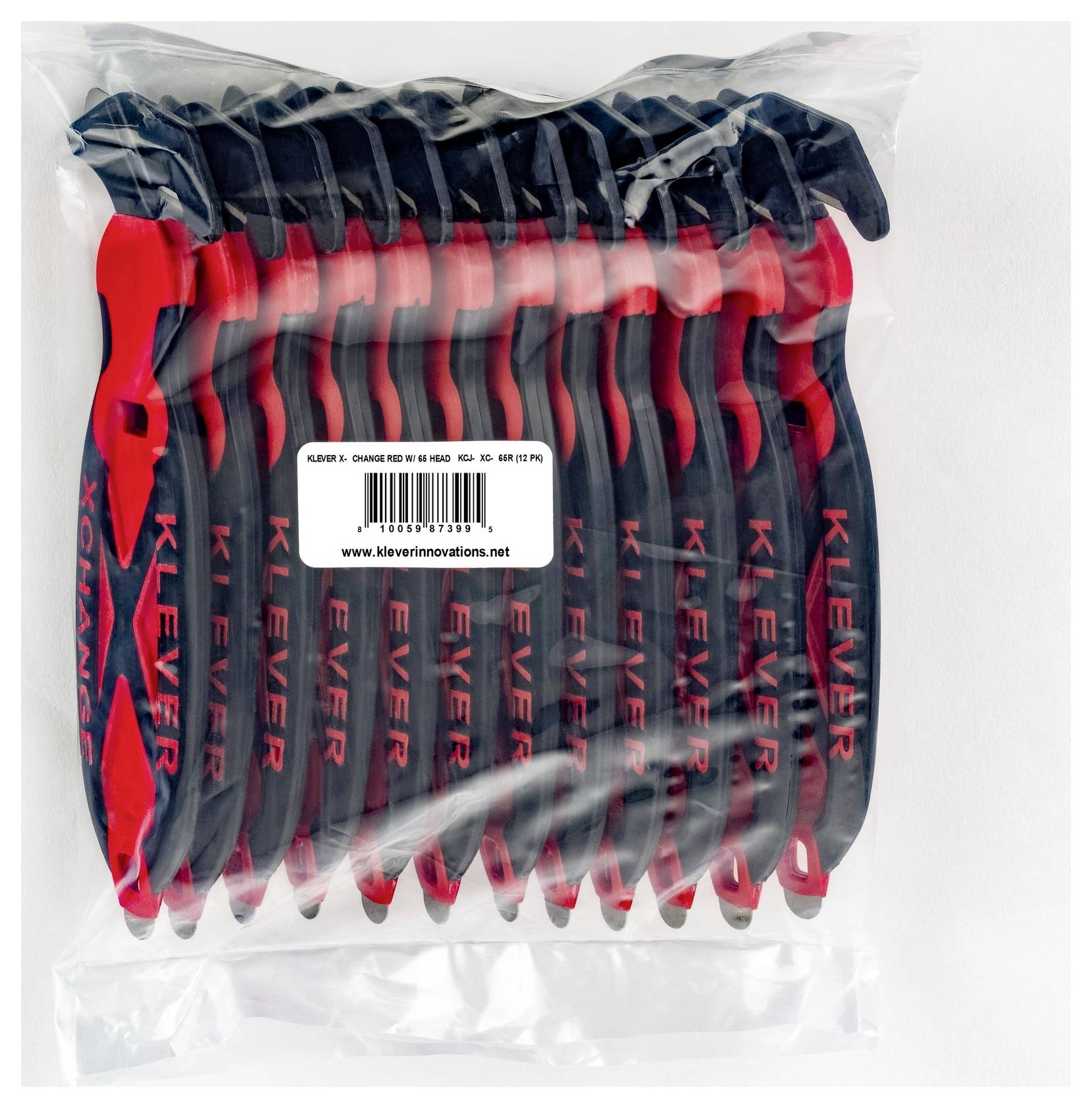 Bag of Klever Kutter safety knives, red and black handles, sealed in clear plastic packaging with product label and barcode.