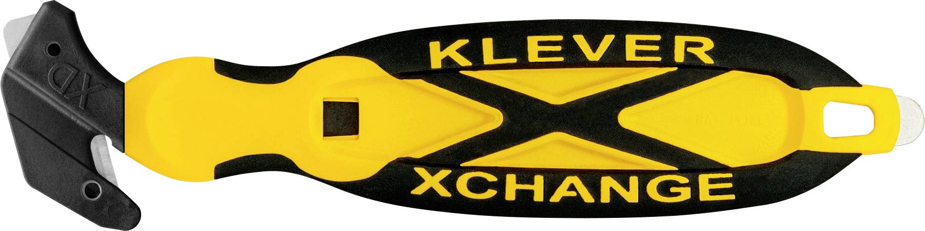 Schwarzes und gelbes KLEVER XCHANGE Universalmesser mit gekrümmtem schwarzem Griff und gelbem Klingenschutz, in Seitenansicht dargestellt.