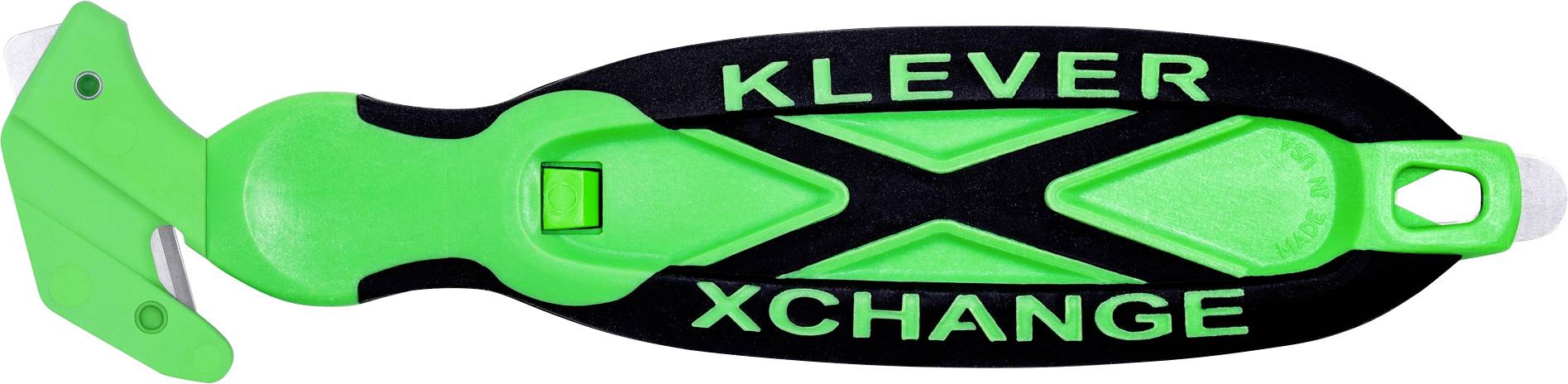 Grünes und schwarzes Kletterkamm-Sicherungsgerät mit der Bezeichnung KLEVER XCHANGE, in Seitenansicht dargestellt.