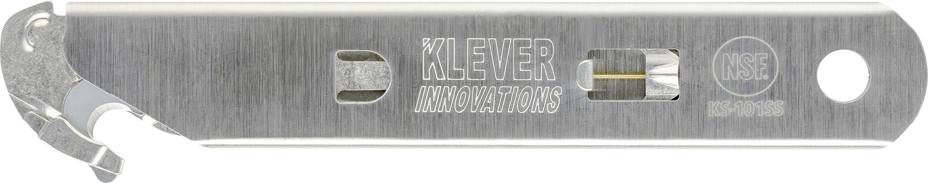 Rostfreier Sicherheitscutter von Klever Innovations mit gekrümmter Klinge und abgerundeter Form, dargestellt in Seitenansicht.