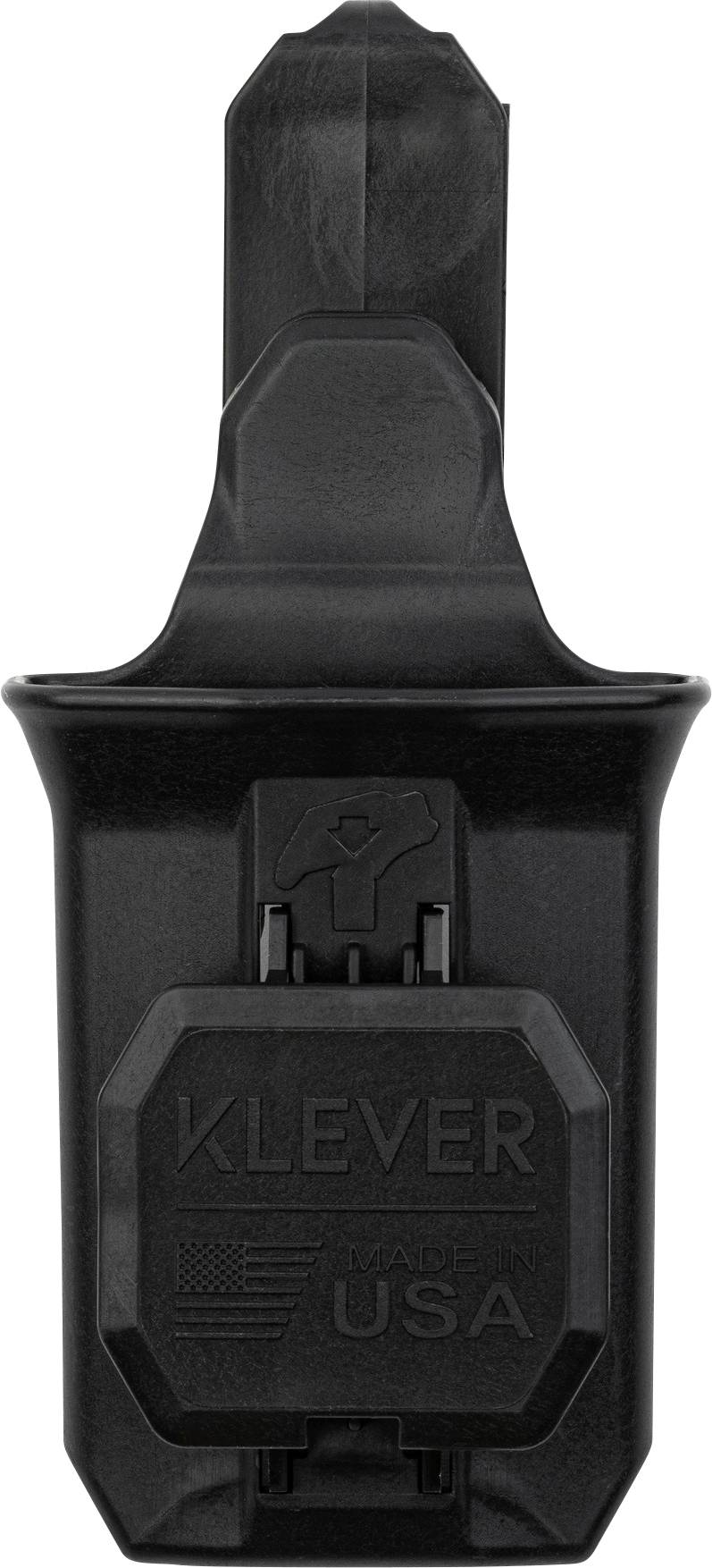 Schwarze KLEVER USA-Montagehalterung oder -halter, Vorderansicht auf weißem Hintergrund.