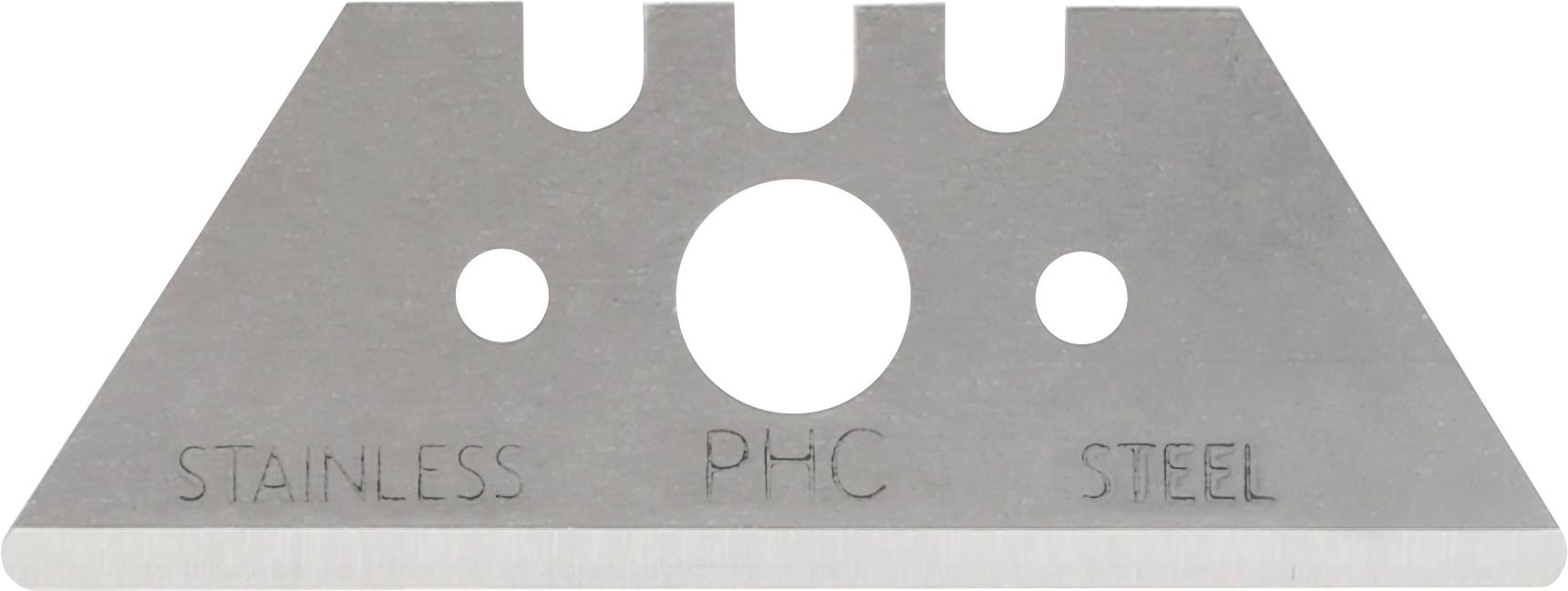 Nahaufnahme einer Edelstahl-Universalklinge mit drei kreisförmigen Löchern und der eingravierte Aufschrift „STAINLESS PHC STEEL