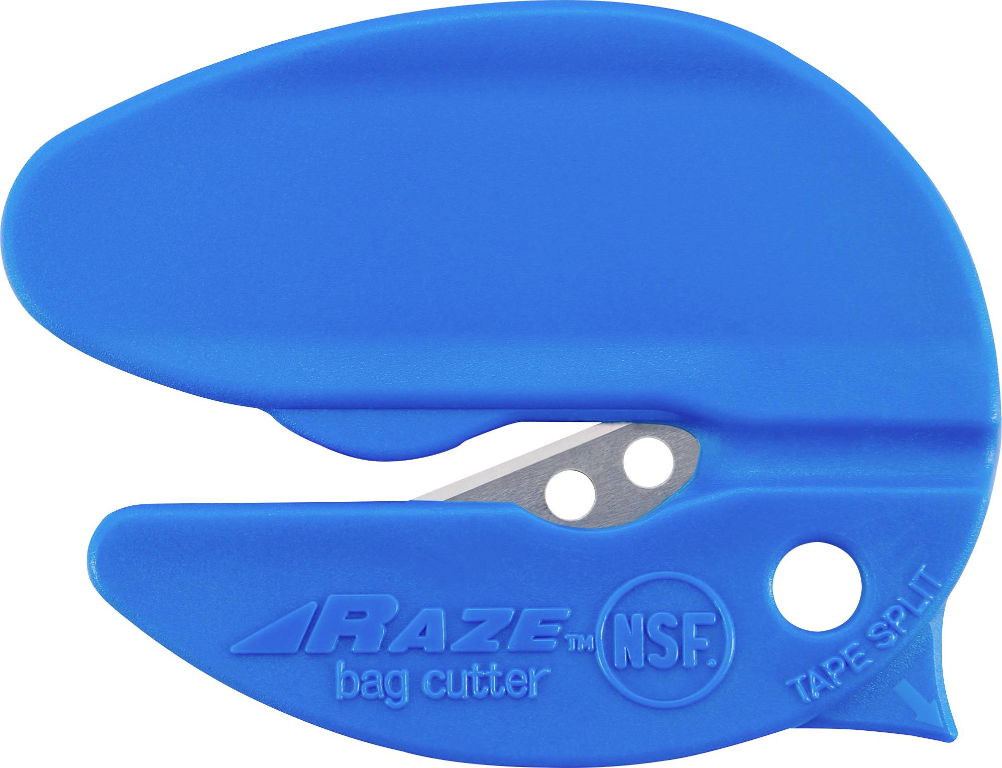 Blue Raze Beutelschneider mit Öffnung für Kreisklinge, verwendet zum sicheren Schneiden von Kunststoffbeuteln.