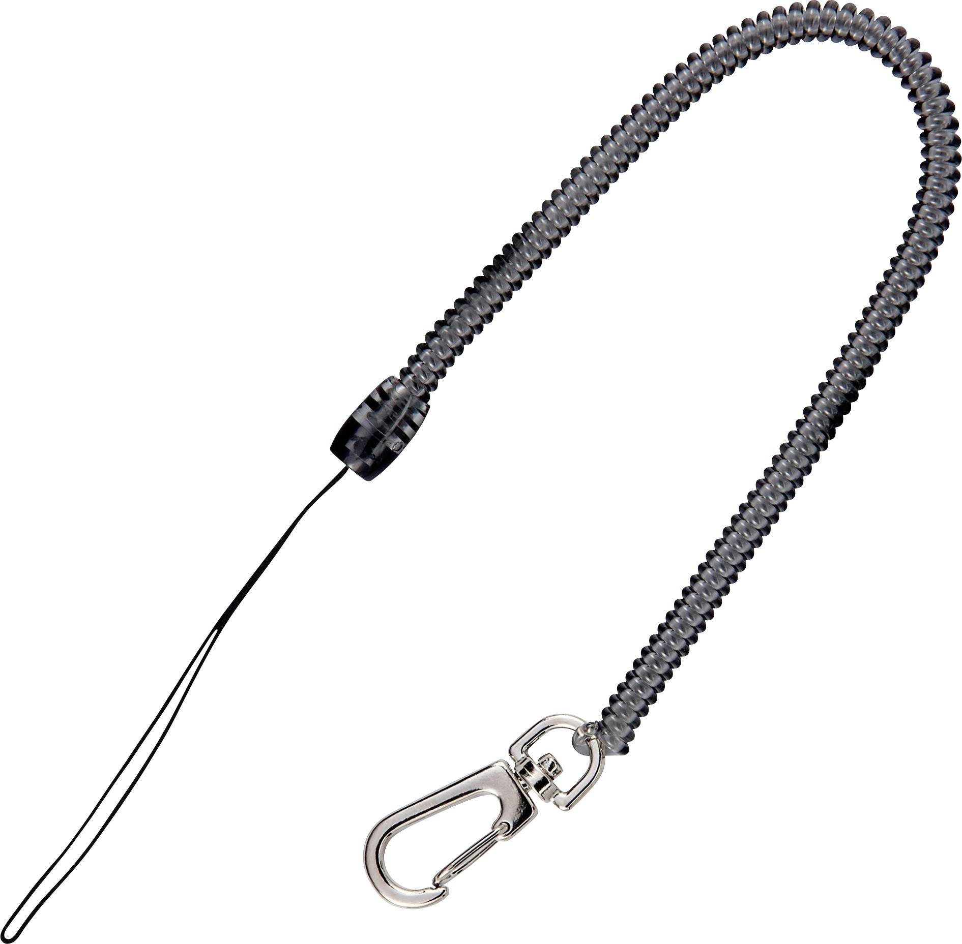 Aufgerolltes schwarz-graues Schlüsselband mit Metallclip und dünnem Handgelenkband auf weißem Hintergrund.